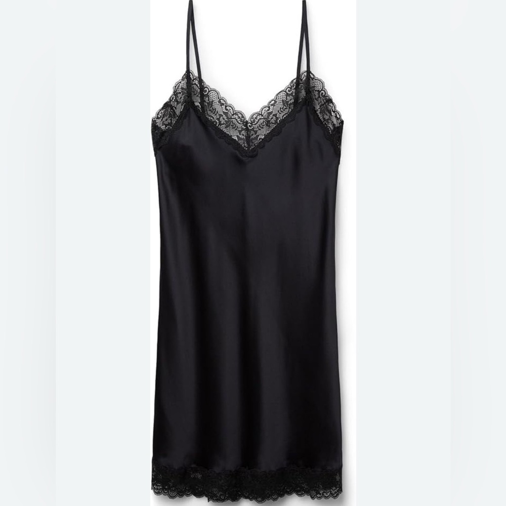 Intimissimi Woman's Silk Slip with Lace Insert Detail in Black, Size XS.